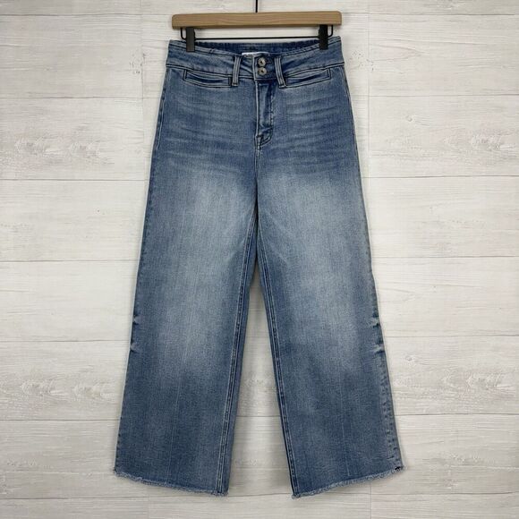 Bayeas Jeans Women Size 27 High Rise Wide Leg Raw Hem Blue Light Wash Cropped - Picture 1 of 14